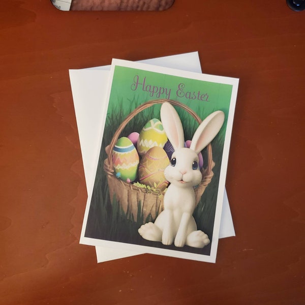 Adorable Easter 3D Card, Original ai Art created Greeting Card, Handmade card for Easter, Gift for Child, Easter Bunny with a Basket of Eggs