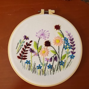 Flower Embroidery Art, Finished Wild Flowers Hoop Wall Hanging, Hand Embroidered Home Decor, Framed Hoop Wall Art, Botanical Embroidery