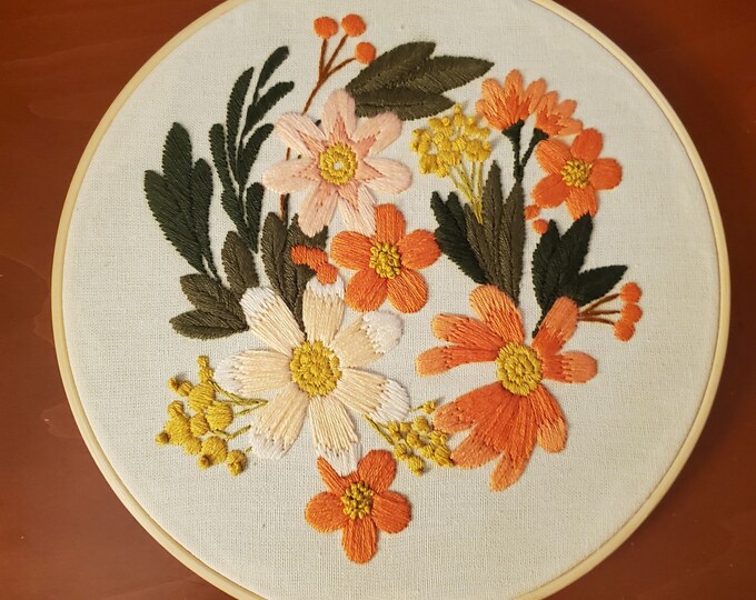 Embroidery Art, Finished Orange and Pink Flowers Hoop Wall Hanging ...