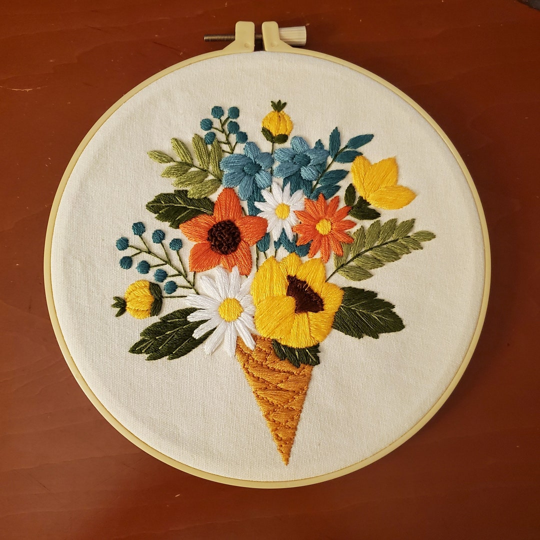 Floral Embroidery Art, Finished Assorted Flowers Hoop Wall Hanging ...