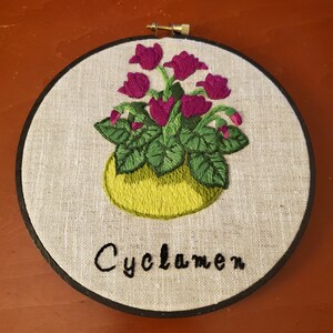Floral Embroidery Art, Finished Cyclamen Flowers Hoop Wall Hanging, Hand Embroidered Home Decor, Framed Hoop Wall Art, Botanical Embroidery