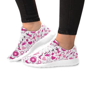 Pink Ribbons Breast Cancer Awareness Women’s Running Shoes, Breast Cancer Sneakers, Survivor Gifts, Pink Ribbon Shoes