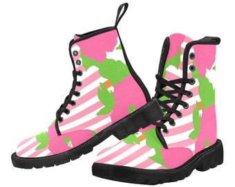 Pink and Green Flowers Which Stripes Womens Boots, Vegan Leather, Floral Boots, Bohemian Boots, Hippie Boots, Casual Boots