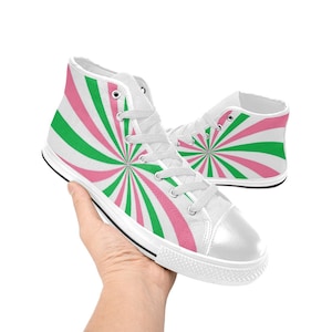 Pink and Green Stripes  Women’s High Top Shoes, Casual Shoes, High Top Trainers Shoes, Canvas Shoes