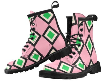 Pink and Green Abstract Art Womens Boots, Vegan Leather, Combat Boots, Colorful Pink Green Boots, Bohemian Boots, Hippie Boots, Casual Boots
