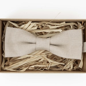 Beige Linen Bow Tie with Pocket Square - Handmade