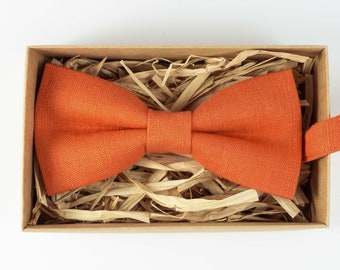 Orange Linen Bow Tie: Handmade Pre-Tied Men's Wedding Bowtie