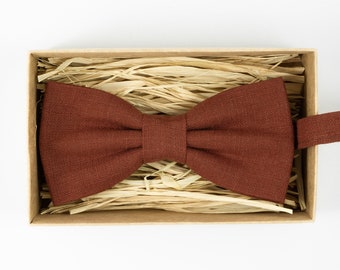 Rust Linen Bow Tie: Handmade Wedding Groomsmen Bowtie