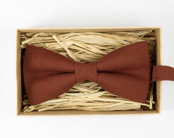 Rust Linen Bow Tie: Handmade Wedding Groomsmen, Baby Sizes