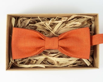 Orange Linen Bow Tie: Pre-Tied Mens Wedding Bowtie