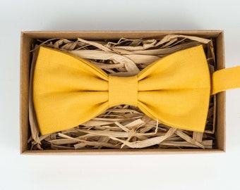 Yellow Linen Bow Tie: Handmade Pre-Tied Wedding Bowtie
