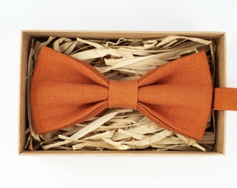 Burnt Orange Linen Bow Tie: Handmade Wedding Groomsmen Gift