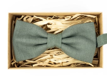 Dusty Sage Green Linen Bow Tie: Handmade Wedding Groomsmen