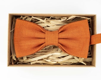 Burnt Orange Linen Bow Tie: Handmade Wedding Groomsmen Gift