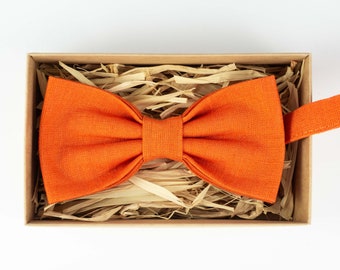 Handmade Orange Linen Bow Tie: Men's Wedding Groomsmen Tie