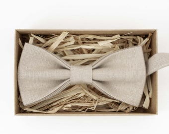 Beige color linen wedding bow tie / Groomsmen bow tie / Gift for men