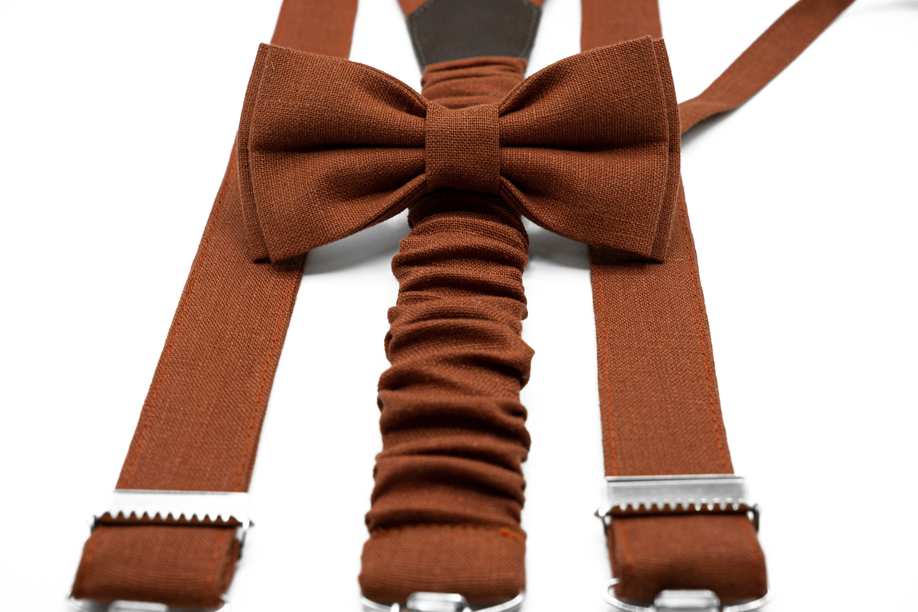 Terracotta Linen Suspender and Bow Tie Set - Handmade Wedding Braces