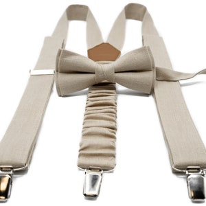 Handcrafted Linen Suspenders and Bow Tie Set in Beige - Ideal for Weddings, Adjustable for Boys, Toddlers, and Men