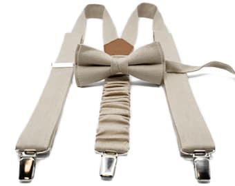 Handmade Beige Linen Suspenders and Bow Tie Set: Wedding Outfit