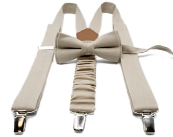 Handgefertigtes Leinen Hosenträger und Fliege im Set in Beige - Ideal für Hochzeiten, Verstellbar für Jungen, Kleinkinder und Herren