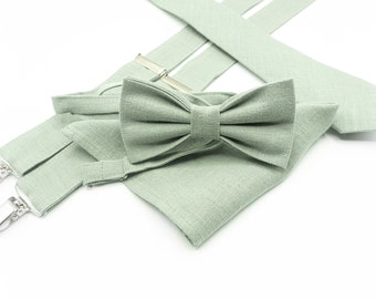 Ensemble cravate vert sauge pour mariage homme, cravate vert sauge et ensemble carré de poche, bretelles et nœud papillon vert sauge pour enfants, nœud papillon vert sauge