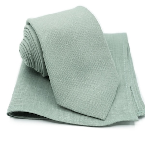 Sage Green Linen Necktie & Pocket Square Set - Handmade Wedding Accessories