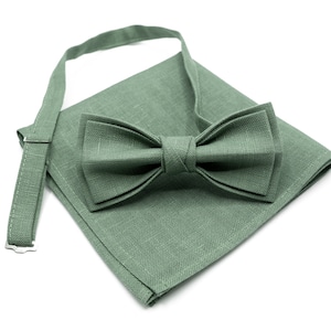 Handmade Sage Green Linen Bow Tie & Pocket Square Set