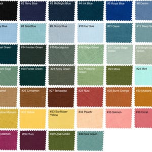 May include: A color chart with 40 fabric swatches, each labeled with a number and a color name. The swatches are arranged in rows of six, with the numbers increasing from left to right and top to bottom. The colors range from black to white, with shades of blue, green, brown, yellow, orange, red, and pink.