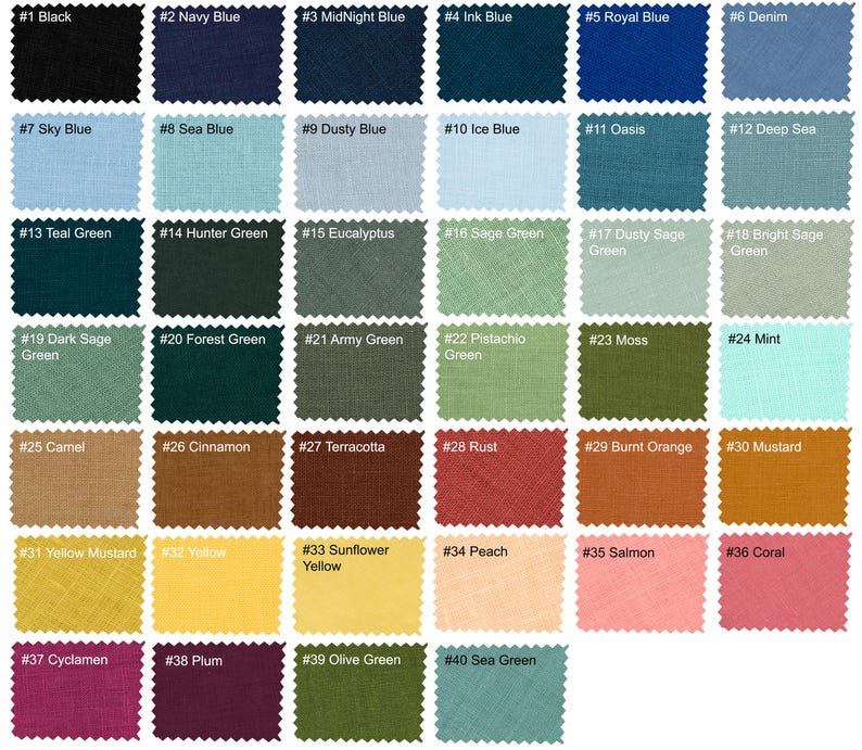 May include: A color chart with 40 fabric swatches, each labeled with a number and a color name. The swatches are arranged in rows of six, with the numbers increasing from left to right and top to bottom. The colors range from black to white, with shades of blue, green, brown, yellow, orange, red, and pink.