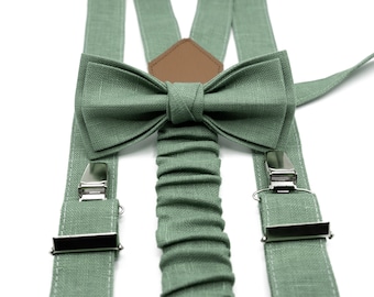 Sage Green Linen Bow Tie and Suspenders Set - Handmade