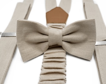 Beige Linen Bow Tie and Suspenders Set: Handmade Wedding Accessory