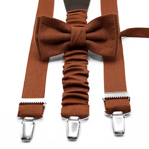 Terracotta Bow Tie and Suspenders Set - Wedding Accessories for Groom, Toddler Ring Bearer, Men&#39;s Terracotta Braces & Pocket Square