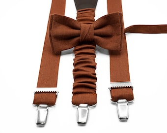 Terracotta Linen Bow Tie and Suspenders Set: Handmade Wedding Accessories