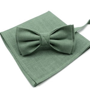 Sage Green Linen Bow Tie & Pocket Square Set - Handmade