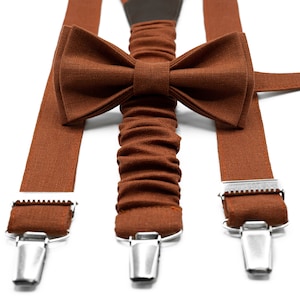 Terracotta Suspender & Bow Tie Set for Groom, Groomsmen - Wedding Suspenders, Men&#39;s Braces, Toddler Bow Tie, Kids&#39; Formal Wear Accessories