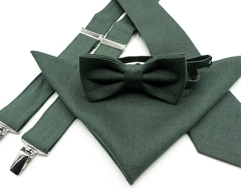 Forest Green Linen Bow Tie Set | Mens Bow Ties in Forest Green  | Wedding Linen Necktie and Hanky in Dark Forest Green