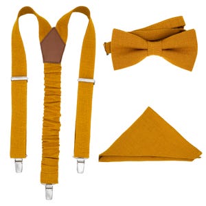 Mosterdkleurige bretels vlinderdas en zakdoek | Heren Kinderen Peuter | Outfit voor trouwringdrager | Accessoires voor formele feesten
