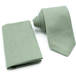 Salbeigrüne Leinen Krawatte & Einstecktuch Set: Handgemachte Hochzeitskrawatte