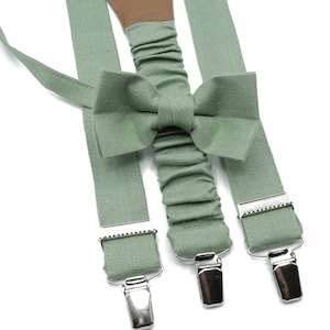 Sage Green Linen Bow Tie Suspenders Set: Handmade Wedding Attire