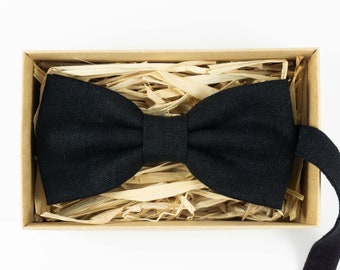 Handmade Black Linen Bow Tie: Groomsmen Wedding Tie