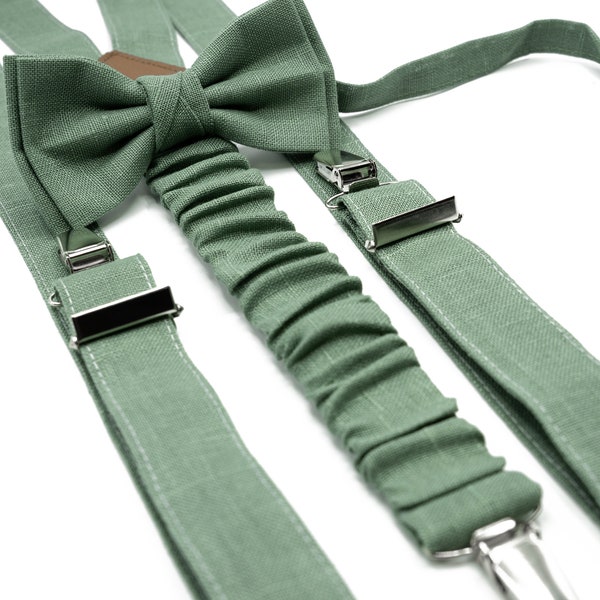 Linen Suspender and Bow Tie Set in Sage - Versatile Accessories for Men and Boys, Sage Green Groomsmen Bowtie, Available in Toddler Sizes