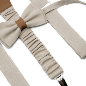 Beige Linen Bow Tie and Suspenders Set - Perfect for Groomsmen, Wedding | Pre-tied Men&#39;s Bow Tie with Matching Suspenders