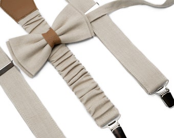 Beige Linen Bow Tie and Suspenders Set: Handmade Wedding Groomsmen Outfit