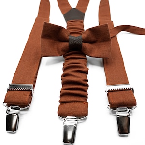 Terracotta Linen Suspender & Bow Tie Set | Rust Wedding Suspenders for Groom and Groomsmen