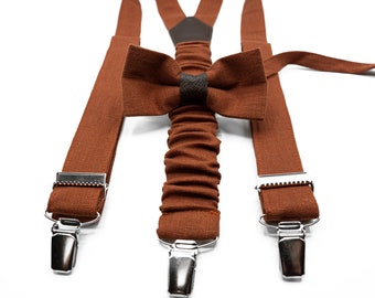 Set met terracotta linnen jarretel en vlinderstrik | Roestkleurige bruiloftbretels voor bruidegom en bruidsjonkers
