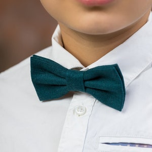 May include: A close-up of a boy wearing a white button-down shirt with a dark green bow tie.