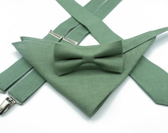 Sage green linen tie set sage green pocket square sage green suspenders