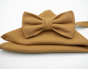 Camel Linen Bow Tie & Pocket Square Set: Rustic Wedding Groomsmen Gift