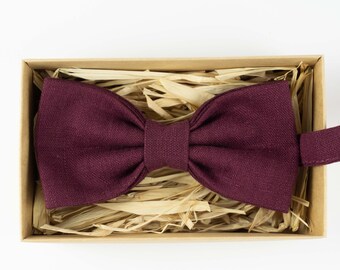 Plum Linen Bow Tie: Pre-tied Wedding Bowtie for Men & Boys