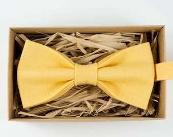 Handmade Yellow Linen Bow Tie: Wedding Groomsmen Tie